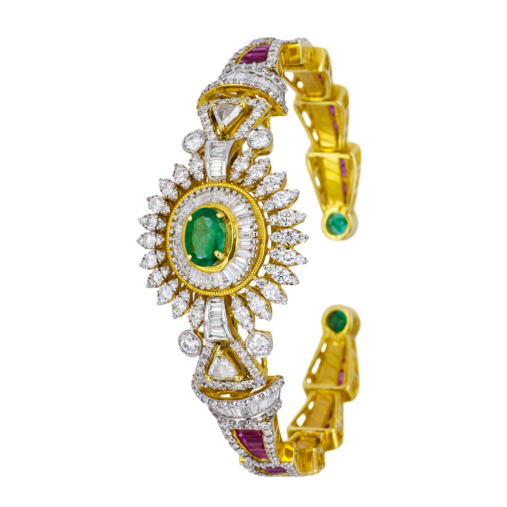 Traditional meets contemporary in this Diamond and Colored Stones cuff, set in 18k yellow gold.